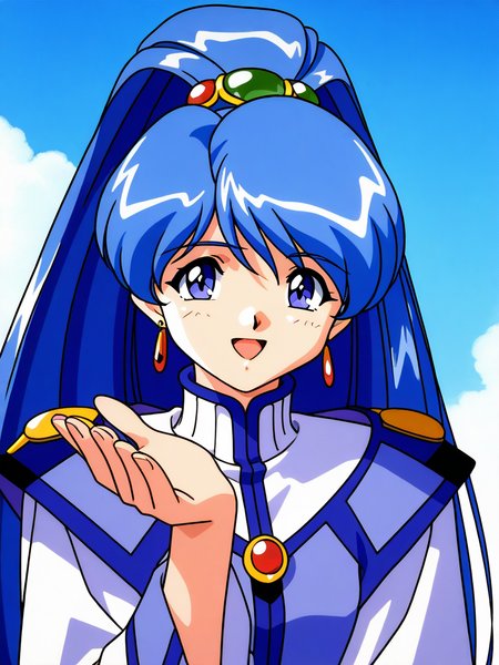 general,highres, game cg, ultra-detailed,very aesthetic,best quality ,best hands,  BREAK   <lora:Sakuya_Lansaihe_IS:1>Sakuya_Lansaihe, very blue hair, long hair, blue eyes, high ponytail, long sleeves, green jewelry,
 1girl, solo, 1990s (style), retro artstyle, smile, open mouth, upper body,  looking at viewer, hairband, :d
blue sky,