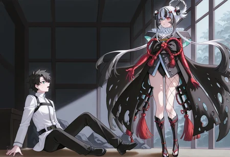 1girl, fujimaru ritsuka \(male\), sitting, on floor, 1girl, arthropod girl, multicolored hair, black hair, white hair, very long hair, hair ring, heterochromia, red eyes, green eyes, asymmetrical legwear, japanese clothes, kimono, white collar, elbow gloves, red gloves <lora:kashin_koji_illus:1>, standing, are_you_my_master <lora:are_you_my_master:1>, masterpiece, best quality, amazing quality, very aesthetic, absurdres, highres, newest
