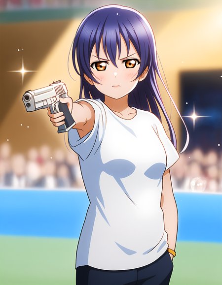 <lora:Koto-Umi-Riko-Shizu-Setsu-LLAS-LyCORIS-AnimagineXLV31-V16:0.85> <lora:POSE_Olmypian_Yusuf_DÄ°KEÃ_SDXL:1:lbw=MIDD26>
<lora:add-detail-xl:1.5> <lora:detailed_notrigger:1> <lora:better_scenery:0.5:lbw=Scenery> <lora:hand 4:0.5:lbw=Hand>
(masterpiece, absurdres, very aesthetic:1.4), best quality, newest, perfect anatomy, perfect lighting, (depth of field, blurry background:1.5) BREAK
(sunbeam, light particles, sparkle, beautiful detailed scenery:1.3), lens flare BREAK
1girl, looking at viewer, (upper body) BREAK
(umi-llas:1.3) BREAK
big pupils, detailed eyes, large breasts, lips, serious, v-shaped eyebrows BREAK
white shirt, t-shirt, black pants BREAK
olympic venue, crowd BREAK
(yusufdikecpose, h4ndinp0cket, hand in pocket:1.2), holding weapon, gun, holding gun, handgun, aiming, aiming at viewer, gun to head