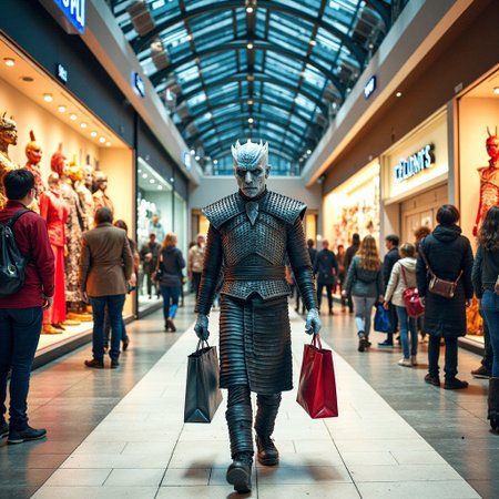 A whimsical scene of the Night King strolling through a bustling shopping mall, his hands laden with shopping bags. People around him cast curious glances at his distinctive appearance. Storefronts display bright and trendy clothing, with the Night King gazing contemplatively at the vibrant displays.