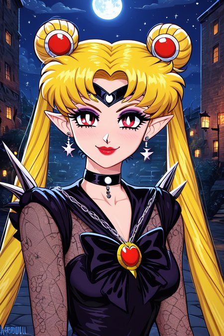 score_9, score_8_up, score_8, medium breasts, (curvy), cute, eyelashes,       BREAK, ,  ,,, <lora:CruelMoon_PDXL:0.8>, zzCruelMoon, long hair, twintails, tsukino usagi, blonde hair, jewelry, hair bun, double bun, sailor moon, very long hair, choker, chain, spikes, gothic, parted bangs, red eyes,  earrings, dress, makeup, holding, necklace, lipstick, black dress, pointy ears, night, ,,, , BREAK, <lora:Afrobull_PDXL_v4:0.8>,  ,,, BREAK, smile, looking at viewer, closed mouth, cowboy shot,  ,,, embedding:zPDXL, Expressiveh, ,,, <lora:SDXLFaeTastic2400:0.5>, <lora:Expressive_H-000001:0.4>,