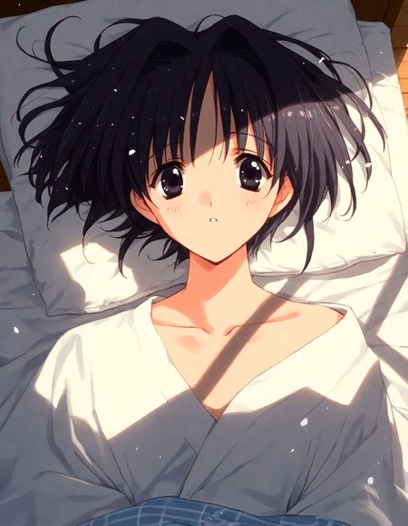 score_9, score_8_up, score_7_up, masterpiece, best quality, absurdres, official art, official style, (anime coloring, anime screencap, megami magazine, flat color:1.3), zPDXL2, zPDXLxxx,
<lora:Nanase_Aoi_Style_Pony_v1:1.0>, 1girl, solo focus, Nanase_Aoi_Style
bedroom, on bed, bed sheet, dim lighting, light particles, (from above:1.3), looking at viewer, dutch angle, 
, black eyes, :3, looking up, black hair, bed, shadow, blanket, sleepwear, feet out of frame