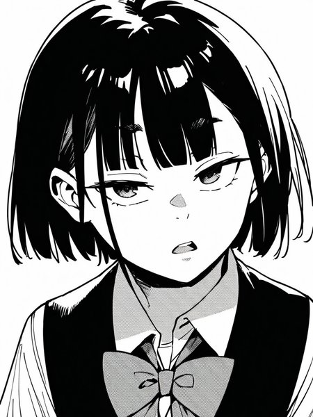 score_9, score_8_up, score_7_up,  
1girl, monochrome, black hair, medium hair, blunt bangs, 


school uniform, face, upper body, bowtie, black sweater vest, looking at viewer, frown, open mouth, narrowed eyes, 