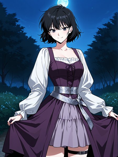 <lora:Omniscient Reader's Viewpoint _ Han Sooyoung_epoch_7:1>
1 girl, solo, short hair, messy hair, black hair, black eyes, 
purple corset dress, white puff sleeve blouse, decorative silver waist sash, layered skirt, sleeveless overdress, long sleeve underblouse, black thigh strap, medieval style outfit,
score_9, score_8_up, score_7_up, source anime, BREAK, cowboy shot, Masterpiece,(perfect female body:1.2), small waist, (incredibly detailed:1.4), slim, beautiful fingers, beautiful skin, looking at viewer, breasts, skirt hold, smile, garden backgroun, exterior, background, looking at viewer, night, blue moon