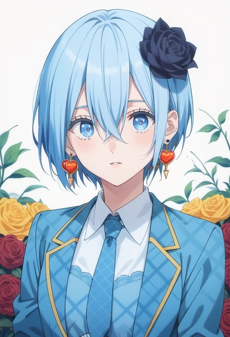 score_9, score_8_up, score_7_up, source_anime, nonoa, blue hair, blue eyes, short hair, 1girl, solo, hair ornament, flower, blue necktie, necktie, hair flower, earrings, jewelry, looking at viewer, jacket, shirt, rose, hair between eyes