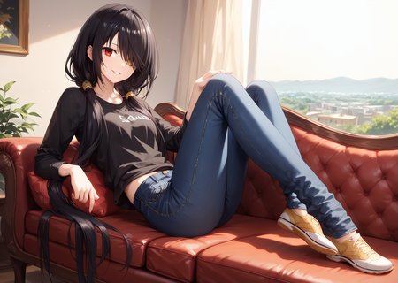 score_9, score_8_up, score_7_up, score_6_up, score_5_up, score_4_up, , scenery, masterpiece,  best quality, very aesthetic,, 
,  looking at viewer, laying, modeling on sofa,  <lora:Kurumi_Tokisaki:0.8> black hair, red eye, long hair, twintails, hair over one eye, yellow eye, heterochromia, clock eye black, tshirt, jeans, sitting, smiling,legs kicking,
