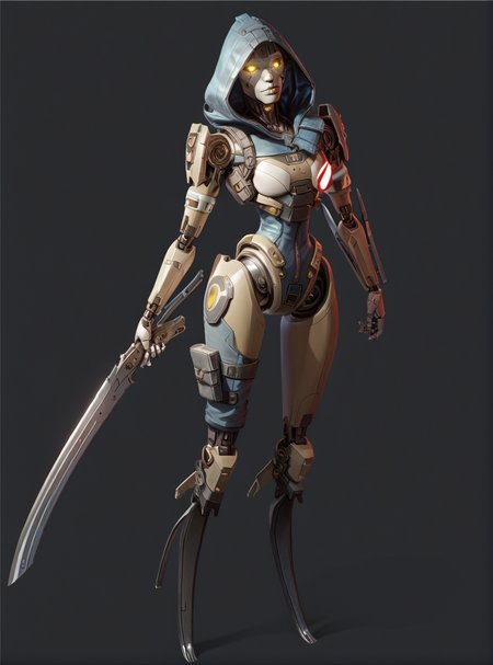 score_9, score_8_up, score_7_up,  1girl, solo, <lora:Pony_ashalxxx_LORA:0.7> ashalxxx,ashapl, robot, science fiction, android, humanoid robot, yellow eyes <lora:AshAPL:0.5> black sclera, hood, hood up, looking at viewer, posing, full body, holding weapon, holding sword, glowing eyes