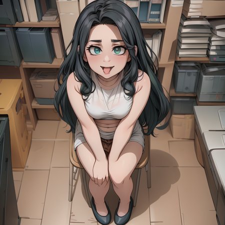 anime, illustration, <lora:hyperdenoiser_v090:0.5>, <lora:hyperrefiner_v090:0.5>, <lora:add_detail:0.3>, detailed hands, (detailed eyes:1.3), <lora:sd15_lora_beta:0.5>, <lora:perfetfingers:0.5>, <lora:ETO_OC:0.2> ETO-OC, <lora:ETO_OCC006:0.5>, ETO_OCC, (curly hair:1.3), (long hair), (black hair:1.8), thick eyebrows, pale skin, (plump:1.4), 1girl, (hazel-green eyes:1.9), smiling, (parted bangs:1.8), (apple cheeks), (round-face:1.8), (round-chin:1.7), (full body:1.9), <lora:taremeEyes_v10:0.5>, (multi-tone eyes:1.7), (large breasts), <lora:shoplifter_interrogation-10:1> shoplifter_interrogation, (sitting in a chair:1.6), blush, sweat, (zoom out), grin, smug,  <lora:just_as_planned:0.4> just_as_planned, (from above), (open mouth), (tongue out:1.6)