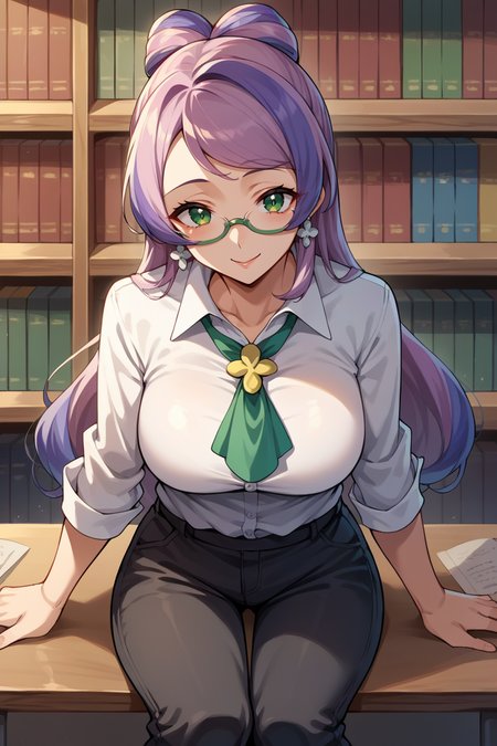 score_9, score_8_up, score_7_up, score_6_up, source_anime BREAK 1girl, mature female   <lora:pkmnmiriam-pdxl-nvwls-v1-000004:1> miriam, green eyes, multicolored hair, earrings, glasses, collared shirt, white shirt, ascot, black pants, sitting, library, smile