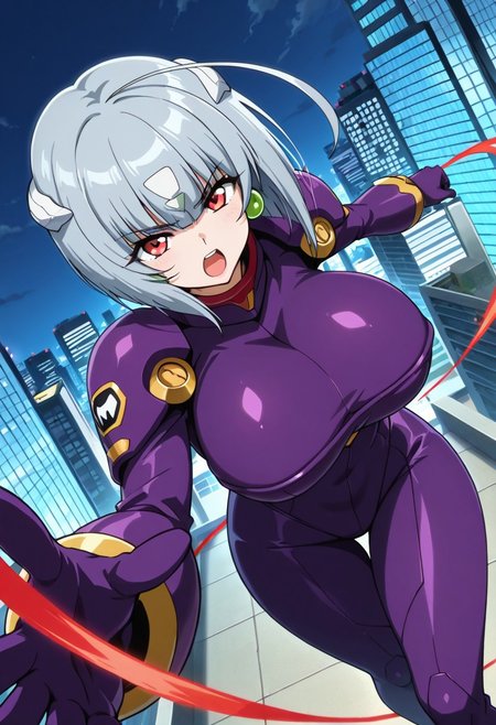 general,highres, ultra-detailed,very aesthetic,best quality ,best hands,best eyes,easynegative,
dynamic anglre, dutch angle, anime cloring,
1girl solo,looking at viewer,city,open mouth, fighting, 
Kiriko,grey hair, red eyes, short hair, hair_ornament, ahoge,huge_breasts,purple body suits,