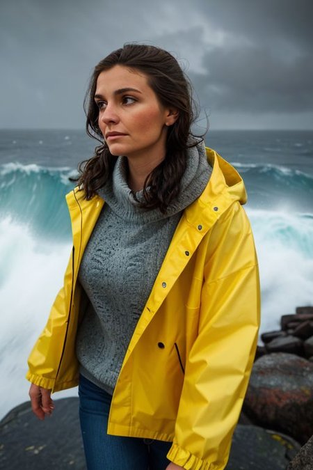 a close up photo, woman, eye contact, (walking on the rocks:1.2) on a dark (stormy night:1.2) wearing a yellow raincoat, (waves crashing:1.2), (storm:1.2), (wind swept:1.2), lighthouse, (nighttime:1.2),  (ocean spray:1.2), (lighthouse:1.1), bokeh, detailed face