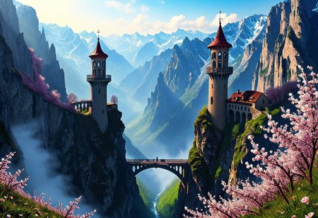 towers ringed in mist, sunrays, mixed media, flux-style, surrealism, fantasy, great lighting, A surreal landscape highly detailed, extremely high-resolution details, appears trapped in an optical illusion of reflections and refractions, colorful, Spring, cherry blossoms in the wind, sweeping vistas, majesty, spring blooms, (Zhangjiajie mountains:1.5),  (vibrant:1.5), (((Paris in contemporary France, baroque architecture, European architecture, German Renaissance towers))), (stone arch bridges:1.05), winding rivers extending to the horizon, professional photography, natural lighting, volumetric lighting maximalist. vivid, vibrant colors, intricately detailed, (psychedelic colors, psychedelic colors:1.15), complex, elegant, expansive, fantastical, film photography style, medium grain, cmnt
 (8k uhd:1,4)
 <lora:add-detail-xl:1>
 <lora:Dynamic Poses:1>