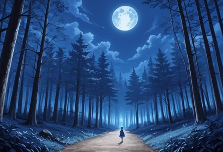 (masterpiece), best quality, Symphtia-Style, Anime, (Forest, Tree), Full Moon, Cloudy Sky, No Humans, Blue Moon, White and Blue Theme