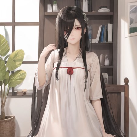 ((masterpiece)),(best quality), absurdres,sadako_yamamura,red eyes,white dress,<lora:Sadakobest:0.7>,  <lora:AKindOfAncientChinese_v02:0.4>,ruqun,