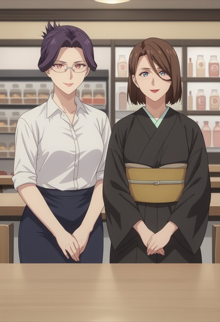 at a cafe, ,2girl, smile, looking at viewer, standing, mature female, BREAK
score_9, score_8_up, score_7_up, source_anime,   <lora:DX888YumikaRaiha:1> ,  BREAK
tsuge raiha, purple hair, folded ponytail, red eyes, glasses,white shirt, pencil skirt,  BREAK
sakuraba yumika, brown hair, blue eyes, lipstick,bob cut, black kimono ,  BREAK