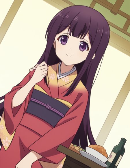 score_9, score_8_up, score_7_up, source_anime, <lora:aika-sakuranomiya-s1-ponyxl-lora-nochekaiser:1>, aika sakuranomiya, long hair, bangs, purple hair, purple eyes, blunt bangs,, japanese clothes, kimono, sash, obi, red kimono,, restaurant, laughter, good food, warm lighting, celebration, smile, , hand on shoulder, foot crossed over, knee up, solo,, cowboy shot, dutch angle