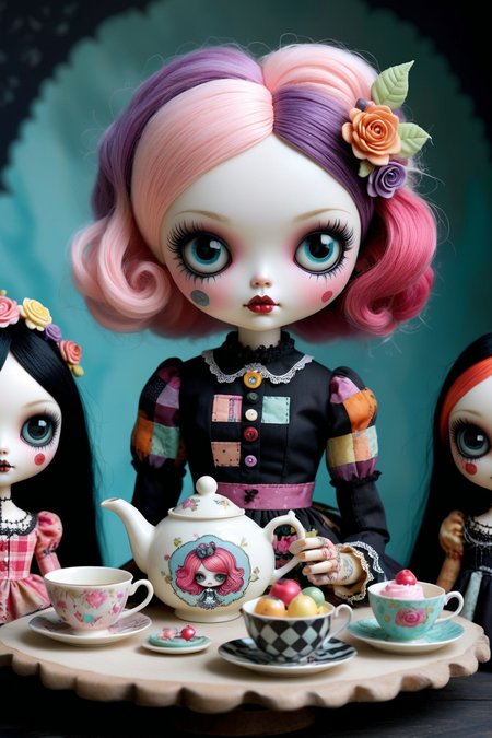 Imagine a whimsical tea party with a group of adorable patchwork dolls each with their own unique personality and style,the dolls have bright vibrant colors and an endearing expressions with patchwork faces and flowing hair in the enchanting world of Mab Graves. colorful outfits,intricate stitching,and sweet treats that adorn the table,creating a spooky & sureal scene,<lora:luxart:0.7>,<lora:helios2:0.5>,