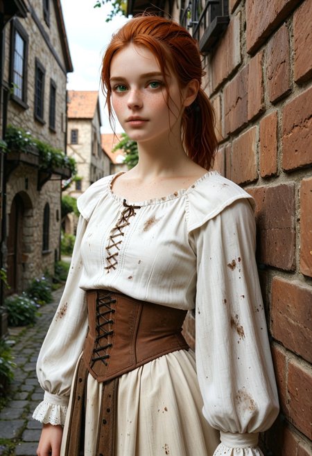 1woman, Masterpiece, 8k, ultra high detail, score_9, score_8_up, score_8, 21yo,  small breast size, sporty short red ponytail hair, fcNeg, stunning green eyes, freckles, white skin, small nose, innocent beauty, slim face,  skinny athletic body, perfect body, supermodel, extreme detail, exhausted, never give up, leading wastelander to victory, 
Dark night, dark medieval back alley, through dark alleys,    Medieval fantasy, rogue, 
Dirty skin, dirty clothes, Medieval fantasy clothes, 
Medieval fantasy cityruins,
