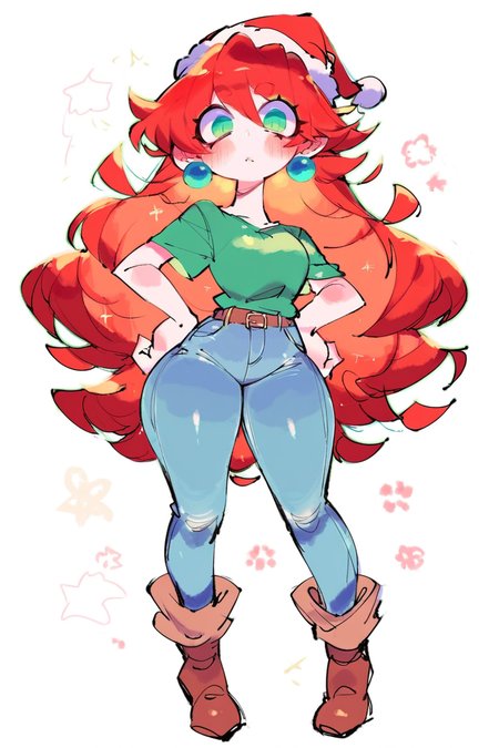 score_9, score_8_up, score_7_up, score_6_up, score_5_up, rating_questionable, source cartoon
1girl, pretty face, pretty eyes, detailed eyes, HD eyes, thick thighs
hands on hips, standing, cowboy shot
looking at viewer, blush, eyebrows, long hair, red hair, green eyes 
jeans, green t-shirt, boots, high waisted jeans, santa hat
simple background, white background
 <lora:USA37107692:1>