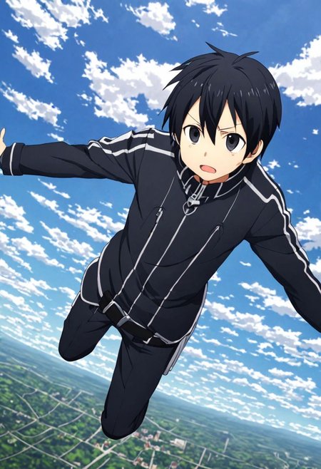 high resolution, solo, best quality, 1Boy, Kazuto Kirigaya, Black Hair, Black Eyes, free fall, sky , OverallDetail