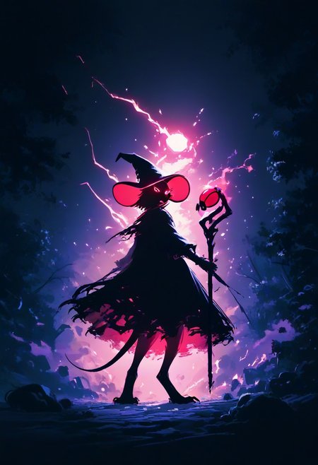 score_9, score_8_up, score_8, solo, (fluffy:0.8), (feral), furry, (((mouse))), female, claws, (fluffy cheeks:0.7), (black dress), grey fur,pokeball capture, energy conversion, pink glow,((pink glowing body)), pokeball, open pokeball,black ears, red eyes, look at viewer, (solo), j_cartoon, aesthetic, dramatic angle, unique perspective, unique angle, dynamic pose, action pose, night, dark, swamp, (witch hat), (hold magical staff:1.5), (evil expression), monochromemuse, monochrome, greyscale, j_cartoon, (open mouth), look at viewer, arkane_dark, magic, InkBlast