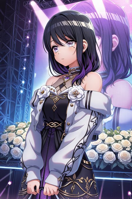 masterpiece, best quality, amazing quality,
 <lora:Toka_IL:1> toka, 1girl, solo, mole, black hair, mole under eye, purple eyes, long hair, off shoulder, long sleeves, flower, multicolored hair, bangs, bare shoulders, purple hair, dress, jacket, stage, color lights, stgotf