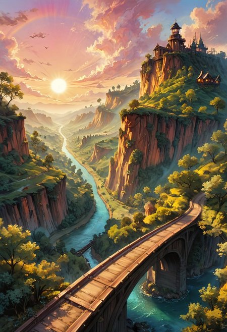 score_9, score_8_up, score_7_up, far composition, bright, (bridge), anime landscape, (fantasy village), far shot, cliff, enchanted trees, railway, desert in the distance, the setting sun creates an orange sky, beautiful oil matte, painting, romantic style of thomas kinkade, beautiful digital painting, anime landscape