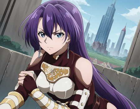 score_9, score_8_up, score_7_up, source_anime,
arthurpencilgon, <lora:arthur-pencilgon-ponyxl-lora-nochekaiser:1>,
arthur pencilgon, long hair, blue eyes, hair between eyes, very long hair, purple hair,
gloves, belt, armor, clothing cutout, breastplate, bare shoulders, earrings,
outdoors, cityscape, bent over,
looking at viewer, dutch angle, cowboy shot,