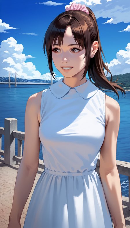 score_9,score_8_up,score_7_up,<lora:miiyamotoHikari:0.8>,
miiyamotohikari,
1girl,solo,black hair,ponytail,bangs,pink scrunchie,brown eyes,sleeveless white dress,white collar,eyes looking forward,grin,medium breasts,upper body,from below,
outdoors,blue sky,sea,cloud,street,railings,distant large bridge,distant mountains,clear blue sky,soft clouds drifting,summer,beautiful landscape,vignetting,blurry background,