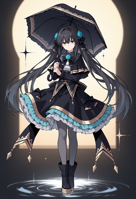 Axium \(Arcaea\),solo,umbrella,long hair,flower,dress,very long hair,holding,bow,pantyhose,black hair,blue flower,black bow,full body,holding umbrella,hair flower,hair ornament,blue rose,rose,boots,black dress,looking at viewer,frills,capelet,long sleeves,frilled dress,grey pantyhose,twintails,black capelet,hair between eyes,sparkle,black footwear,<lora:Axium (Arcaea)_v1.0_illustrious-000018:1>
