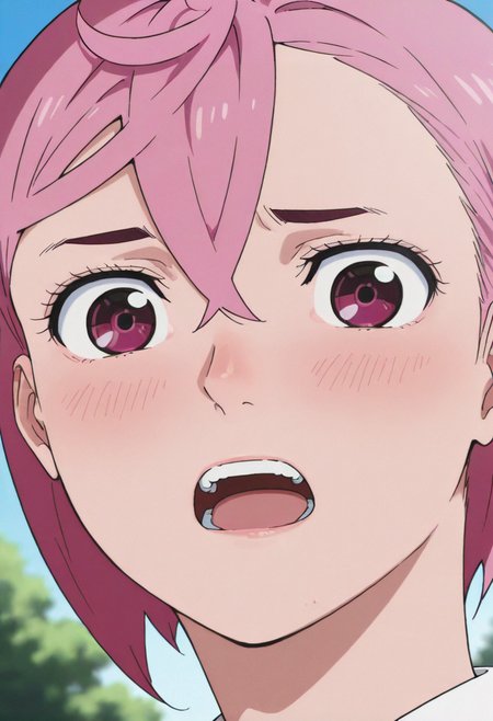 dandadan, 1girl, pink hair, solo, open mouth, blush, looking at viewer, pink eyes, blurry, blurry background, portrait, hair between eyes, parody, purple eyes, outdoors, short hair, bangs, Aira