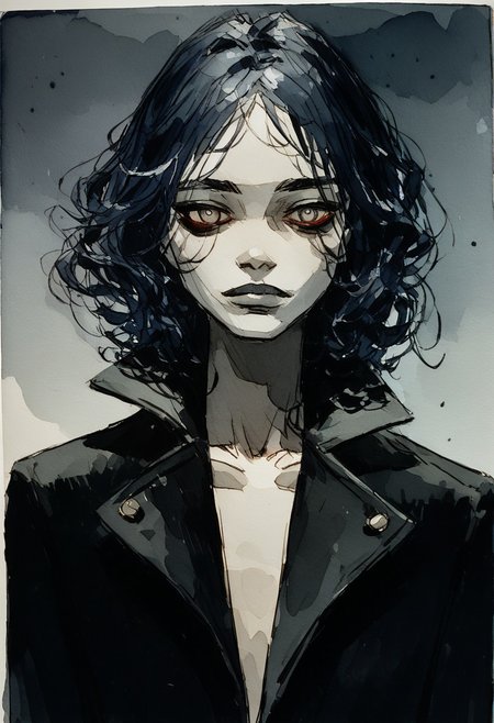 score_9, score_8_up, 1girl, ((Rasputin)), Long black coat, dark colors, ominous,((watercolor painting)), Expressiveh