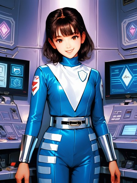 score_9, score_8_up, score_7_up, 1girl,solo,  <lora:100_shaider_annie_pdxl:1> anncost3, black hair, shoulder length hair, bangs, brown eyes, Japanese woman, blue bodysuit with white triangle and badge, bodysuit, silver bracers, silver belt, smile, looking at viewer, control room,
