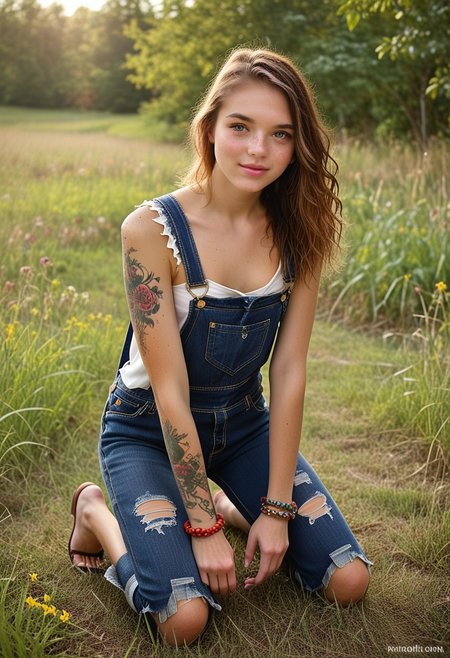 safe_pos, lily, 1girl, solo, wearing only overalls, arm tattoo, freckles, bracelet, small breasts, on all fours, perfect round ass, torn clothes