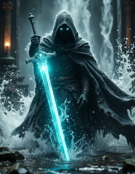 highly detailed magical cinematic scene, Dark, tattered and torn hooded figure with long cape wielding glowing colossal and long blue sword amidst cascading water.  two glowing magical eyes visible through his hood. Powerful, dynamic pose engaging in a dramatic action scene.  Figure shrouded in deep, nearly black, tattered cloak, exuding a mysterious and intense mood.  The sword, vibrant turquoise, bursts with ethereal energy, radiating light through the water.  Water splashes and sprays dramatically around the figure, creating a forceful and evocative mist-filled background.  Mid-action portrayal; colossal sword held in motion with implied movement.  Dramatic lighting highlights the figure and sword, emphasizing their presence and power.  Water's texture suggests forceful motion, contrasted with smooth dark surface of figure's clothing.  Epic fantasy style, evocative of cinematic action sequences.   Atmospheric and heroic feeling enhanced by the dark and dramatic lighting and water features; a strong sense of adventure and danger pervades the image, shallow depth of field, vignette, highly detailed, bokeh, moody, epic, gorgeous, film grain, grainy, HKMagic, <lora:Dever_Flux_Enhancer:0.3>, <lora:FantasyWizardWitchesFluxV2-000001:0.7>, <lora:aura_v2_beta2:0.3>, <lora:Elden_Ring_-_Yoshitaka_Amano:0.4>