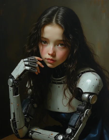Masterpiece, high quality, Oil Painting, Porcelain young teen robot android, with robotic arms and hands, posing for a painting. Minimalist. Masterpiece, intricate lines, intriguing atmosphere, sharp magnificent details, delicate features, elaborate details, (2\3 rule composition:0.5), ultra detailed, romantic, Rembrandt lighting, brush stroke, lovely, del1cate_balance style, in the style of Rembrandt. vantablack <lora:style_of_Rembrandt_FLUX_135:.8> <lora:- Flux1 - vanta_black_V2.0:.8> <lora:Delicate_Balance:.3> <lora:neeeg_f1:-1>
