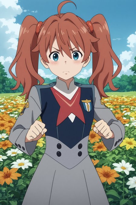  kokoro,1girl,solo,long hair,twintails,ahoge,uniform,military,military_uniform,long hair,paw_pose,cowboy shot BREAK outdoors,blue sky,cloudy_sky,orange flower,flower field,tree  <lora:Miku_-_Darling_in_the_franxx.safetensors:0.8> <lora:detailed_backgrounds_v2.safetensors:0.5>