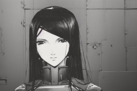 ((female portrait)), heavy contrasts black and white, <lora:Blame!:1>