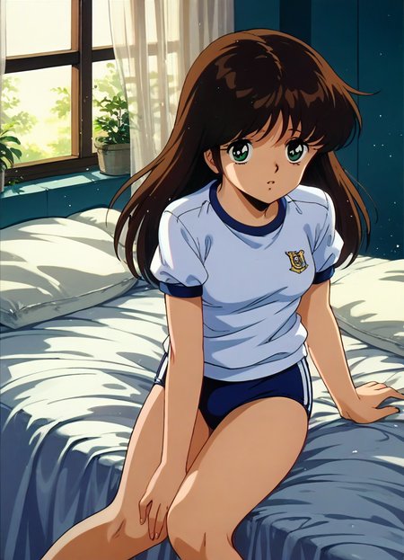 score_9, score_8_up, score_7_up, masterpiece, best quality, very aesthetic, absurdres, official art, official style, anime screencap, megami magazine, zPDXL2, zPDXLxxx, rating_safe, sfw, 1980s \(style\), retro artstyle <lora:Cream Lemon Nonomura Ami Pony v1_epoch_10:1.0>, 1girl, solo focus, cream_ami, (medium breasts:1.2), green eyes, BREAK, brown hair, bangs, BREAK, (buruma:1.3), gym uniform, 4fingers, 1thumb, <lora:neg4all_bdsqlsz_xl_V91:1.0> <lora:ALTXL_pony_0061_8:2.0>, <lora:Difference_SaturationEbaraPonyCoolTemperatureV2_1e04:1.0>, bedroom, on bed, (wariza:1.5), bed sheet, pillow, dim lighting, light particles, detailed background, detailed background,