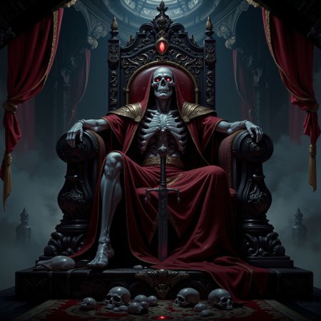 This dark fantasy image features a skeleton king sitting on his throne, He has a red glowing emerald on his right eye and he is wearing a red kings robes, he is laying on his throne and his whole body is tubes rising above ceiling, he has a giant sword on his lap, his giant throne standing over skulls with lots of other details, giving it to a scary image, whole image captures a dark gothic scene from a fantasy novel, image taken from front, aidmaGlow, aidmaimageupgrader