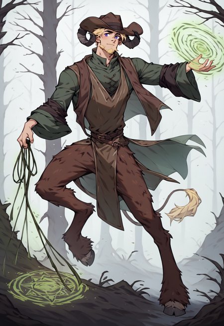 score_9_up, score_8_up, score_7_up, 1man, solo, extremely handsome, satyr, faun, (((long brown curled ram horns, ram horns))), 30yo, male focus, manly, dark royal purple eyes, <lora:PerfectEyesXL:1.0> perfecteyes, slight smirk, mouth closed, ((short straw blonde hair, clipped sides, sideburns, goatee)), very masculine human face with deep lines and creases, strong jawline with high strong cheekbones, chiseled chin, thin lean frame, slim lean body, light hairy arms, thick ram legs, hooves, ((1 lion tail with yellow tuft at end)), long goat ears, fur on legs, tan brown fur, (((country style clothing, high collar, wearing long dark green and dark brown robes with long wide sleeves, billowing dark green and dark brown robes, flowing dark green and dark brown robes, vested shirt under robes))), ((((dark green long wide oversized wizard sleeves)))), (((((wild west outlaws style, brown leather, wearing long dark brown vest,))))), ((((wearing dark brown large wide-brimmed cowboy hat,)))), cowboy, long flowing forest green loincloth of leaves, full body, tree roots, cinematic lighting, sunlit hazy woods of giant tree trunks with sunbeams, foggy sunlit forest of giant trees, ((action shot, right hand gripping single stranded green whip dragging ground, whipping ground)), ((left hand casting spell, runemagic, green magic spell)), charging, leaning forward, shaved chest