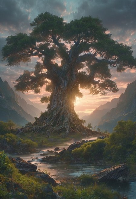 A captivating night scene illustration featuring a large wonderous magical tree overlooking a lake in the Smokey Mountains of Appalachia. The great is ancient but well strong and powerful.  This enchanting artwork captures a serene and peaceful early morning, where the sun is just starting to rise over the beautiful smokey mountains and tree which   stands resolute amidst the forest, creating a cinematic experience., illustration, cinematic
<lora:DonM3t3rn1tyXL-v1.1:0.7>, DonM3t3rn1tyXL,
OverallDetailXL  <lora:MJ52:0.3>  <lora:SDXLFaeTastic2400:0.4>  <lora:EpicF4nta5yXL:0.7>