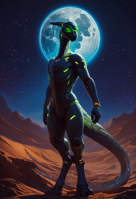 score_9, score_8_up, score_7_up, score_6_up, semi-realistic artwork, high quality, vibrant colors, best quality rendering, intricate details, high resolution, sharp focus, best render quality,[e621] Scappo Style
Synth, moon, tail, solo, desert, star (sky), night, full moon, green eyes, sky, alien, 1boy, standing, outdoors, starry sky, no humans