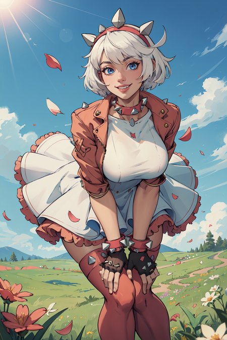 (masterpiece,best quality,absurdres,beautiful,aesthetic,detailed),standing outside in grassy field,flowers,sunlight,wind gust,flower petals,1girl,upper body,leaning forward,grin,facing viewer,striveelphelt, ahoge, hairband, jacket, dress, fingerless gloves, thighhighs, spiked collar, spiked bracelet <lora:guiltygear_strive_elphelt:0.8>