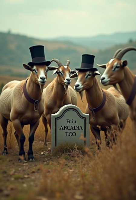 A surreal, ironic scene from the masterpiece âArcadia Egoâ by J.L. Dubois is depicted in this extraordinary photograph. The composition shows a group of goats in top hats and tails gathered around a gravestone with the enigmatic inscription âEt in Arcadia Egoâ. The earth-colored landscape with its rolling hills and lush vegetation provides a tranquil backdrop for this unexpected gathering. The photographer's artful use of blur adds to the dreamlike quality of the image, while maintaining enough clarity to make out the details of the goats' clothing. The overall tone is fun and light-hearted, conveying a sense of amusement and whimsy. The impressionistic lighting and color palette add to the cinematic atmosphere, transporting the viewer to a world where goats have taken over the world.