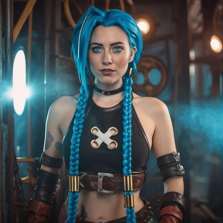 cinematic photo cinematic photo a woman,  blue hair and braids is posing for a picture, steampunk background <lora:Jinx1024-000260:0.8> . 35mm photograph, film, bokeh, professional, 4k, highly detailed