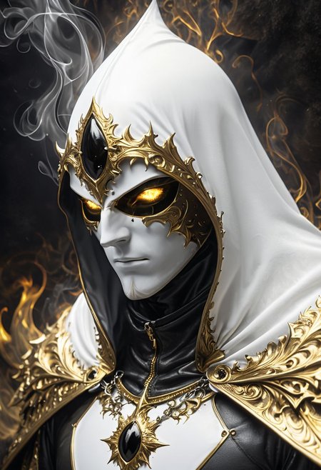 Dark fantasy, shadow knights, (( white and gold plug suit, black smoke in plug suit) ), (burning eyes:1) , (white, gold hooded cloak of leather material) , (fractal art:1.2) , cave background, transparency, caustics, optics, surreal, magic, masterpiece, perfect anatomy, 32k UHD resolution, best quality, highres, realistic photo, professional photography, cinematic angle, reflection lights, closed up