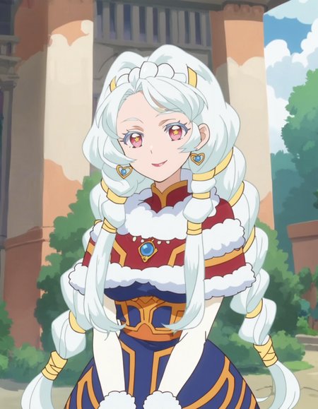 score_9, score_8_up, score_7_up, anime screencap, solo,1girl,sharon,white hair, smile,  jewelry,hair onament, looking at viewer, dress,  earrings,braid, capelet, fur trim, twin braids,medium breasts,cowboy shot <lora:sharon_pony:0.8>