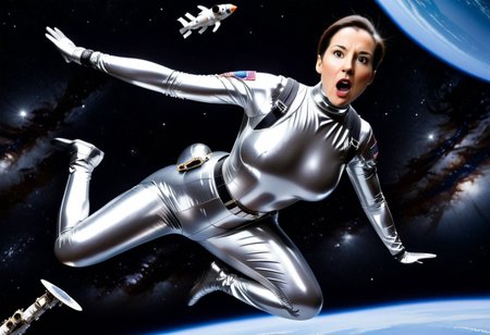 Ellie, alone, 35-year-old woman, side-parting bun haircut, fair-skinned, brunette hair, brown eyes, wearing metallic silver very-highneck catsuit with builtin gloves and builtin boots, astronaut, silver astronaut helmet, black straps, black belt, large breasts, narrow waist, wide hips, normal body, gasping, worried facial expression, prone side-on, both hands very-raised, legs wide-apart, both legs kicking backward, floating, looking off-camera, floating in outer space, zero gravity, planet and spaceship and stars in background, almost-full body photo, hyperdetailed photography