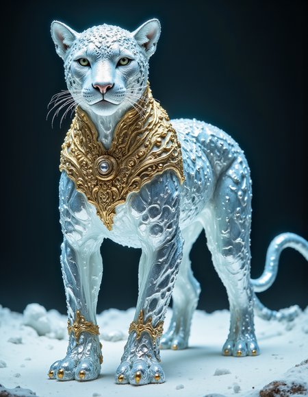 A highly detailed realistic photograph depicting a fantastical mythic scene in Fanmytwor style. 

A mythical surreal silver leopard made of ice and gold, full-body view, standing on a stage.